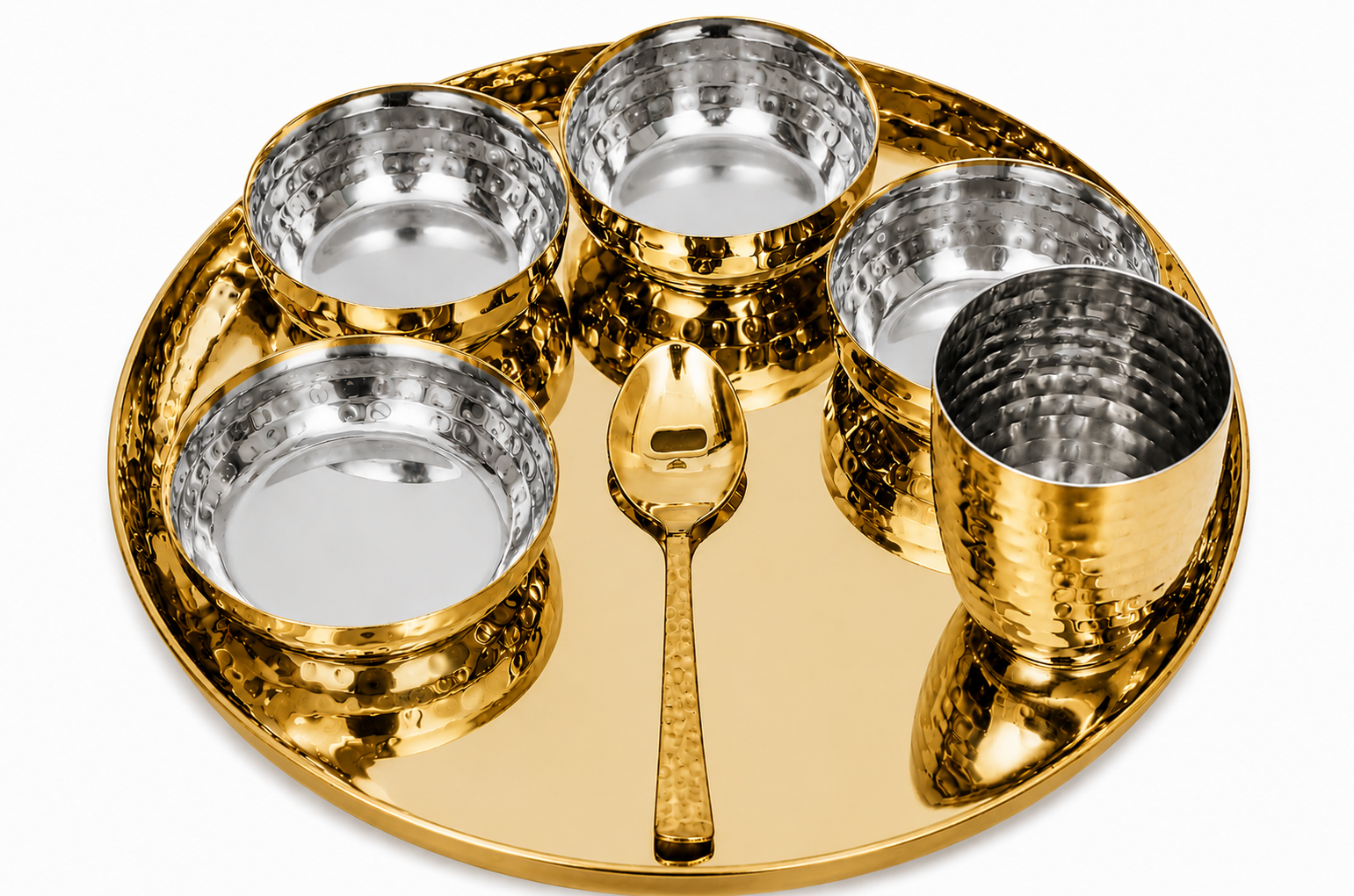UPCW HAMMERED STAINLESS STEEL DINNER THALI SET – 7 PIECES WITH GOLD PVD FINISH