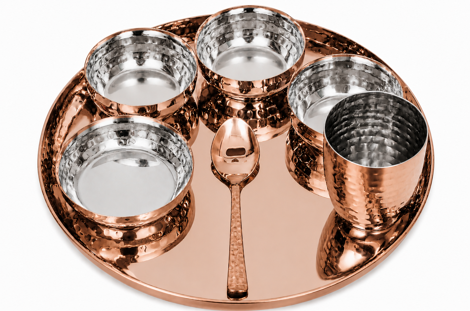 UPCW HAMMERED STAINLESS STEEL DINNER THALI SET – 7 PIECES WITH ROSE GOLD PVD FINISH