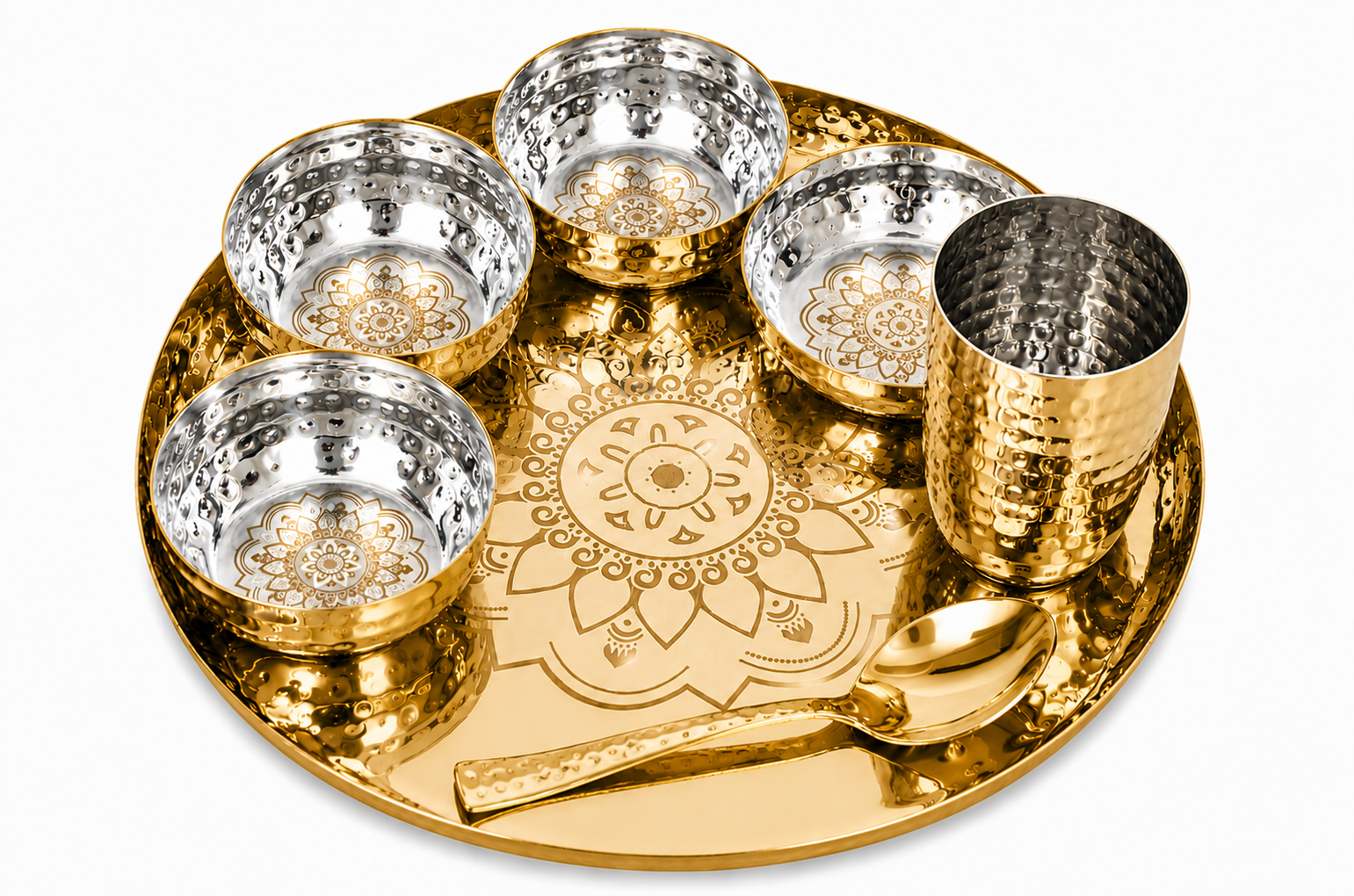 UPCW HAMMERED STAINLESS STEEL DINNER THALI SET – 7 PIECES WITH GOLD PVD FINISH