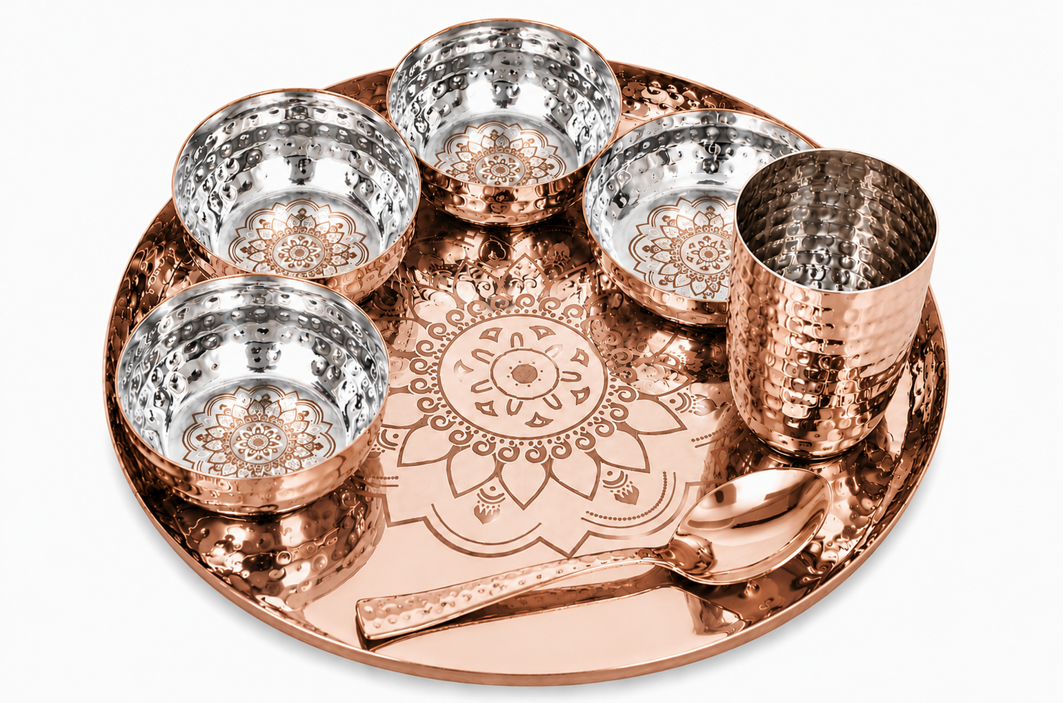 UPCW HAMMERED STAINLESS STEEL DINNER THALI SET – 7 PIECES WITH ROSE GOLD PVD FINISH