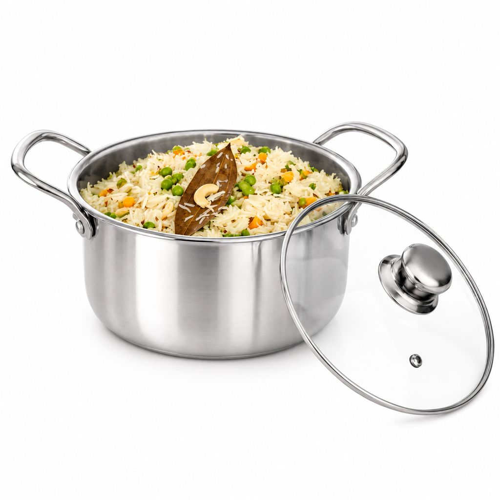 UPCW STAINLESS STEEL TRIPLY SAUCE POT/ BIRYANI POT WITH GLASS LID