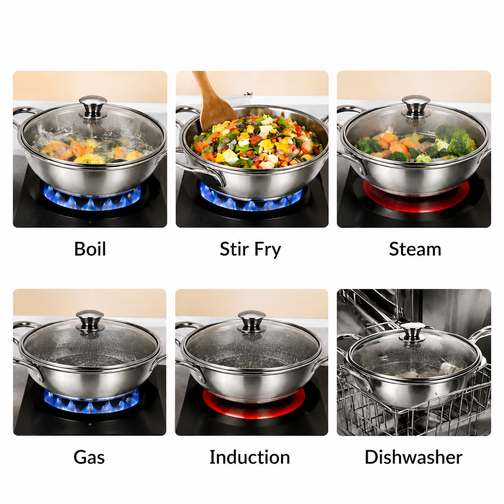 UPCW TRIPLY STAINLESS STEEL HONEYCOMB KADAI WITH GLASS LID