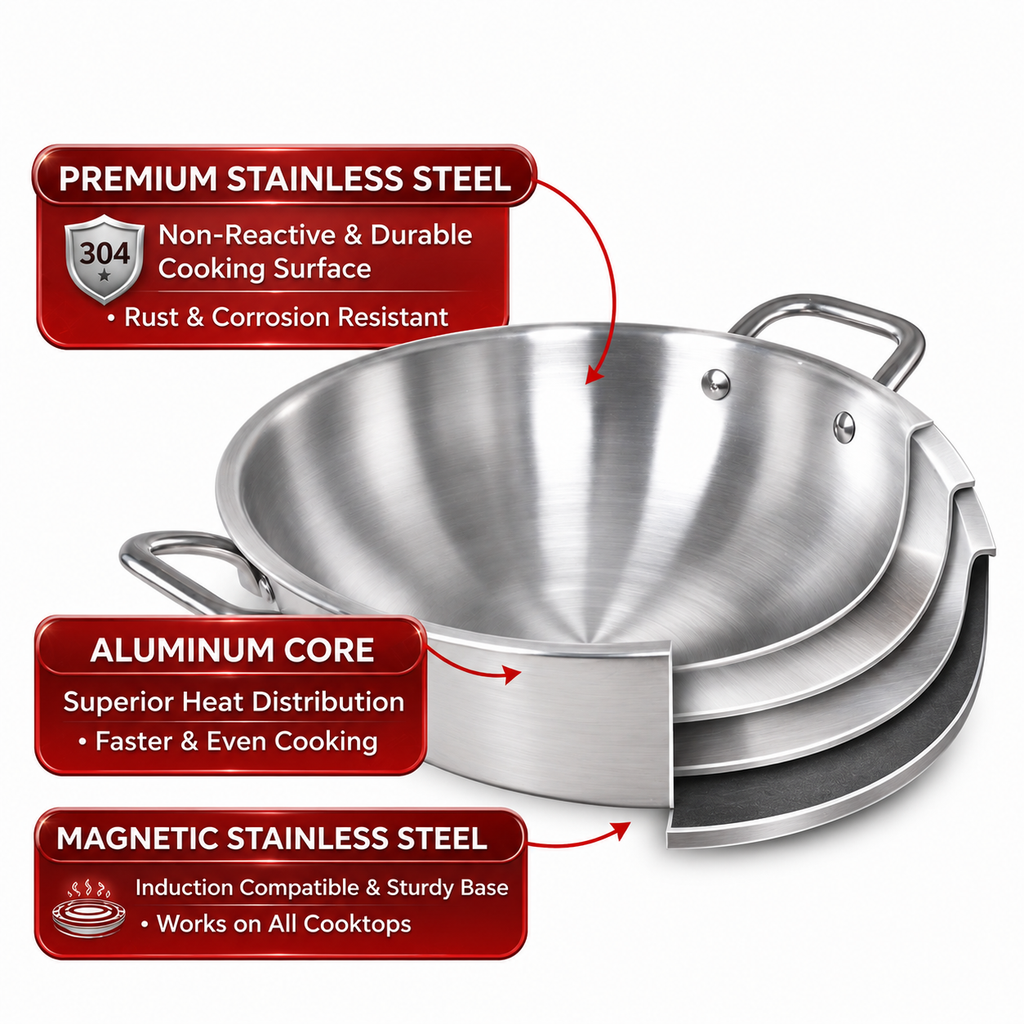 UPCW TRIPLY STAINLESS STEEL KADHAI WITH LID
