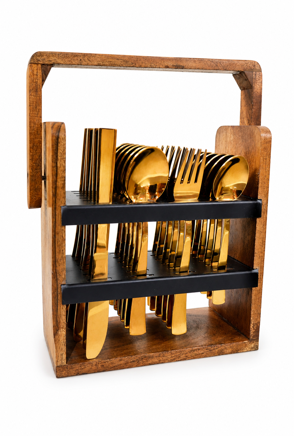 UPCW PREMIUM ROSE GOLD PVD CUTLERY SET WITH WOODEN HOLDER – 25 PIECES