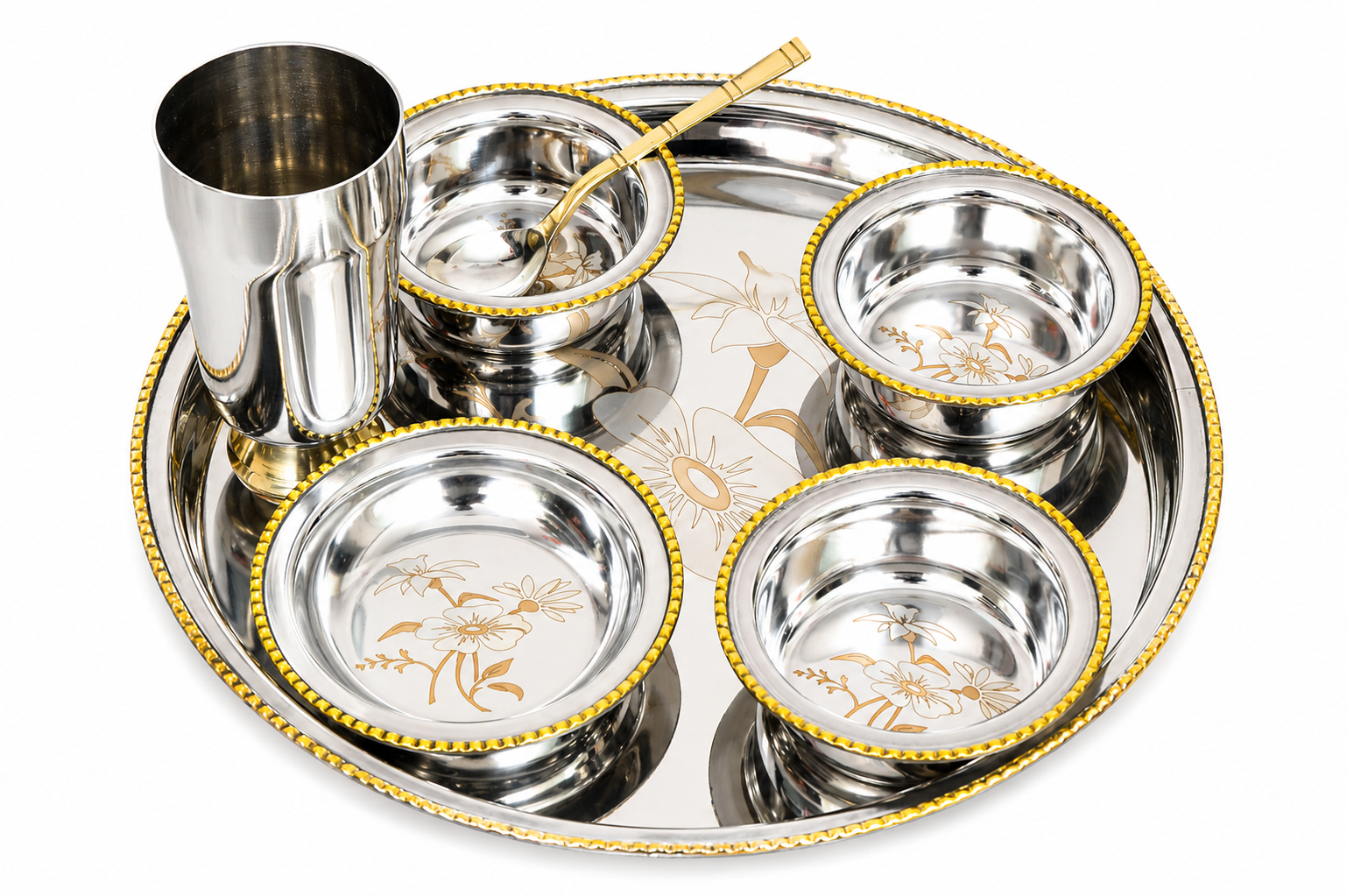 UPCW LUXURY TWO-TONE STAINLESS STEEL THALI SET WITH BRASS EDGE FINISH – 7 PIECES