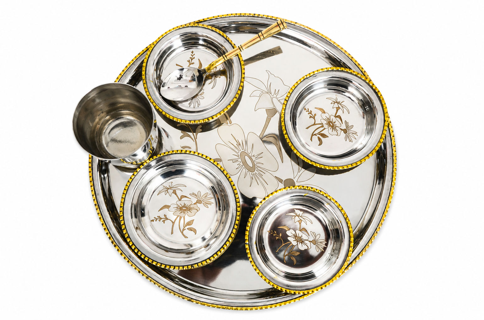 UPCW LUXURY TWO-TONE STAINLESS STEEL THALI SET WITH BRASS EDGE FINISH – 7 PIECES