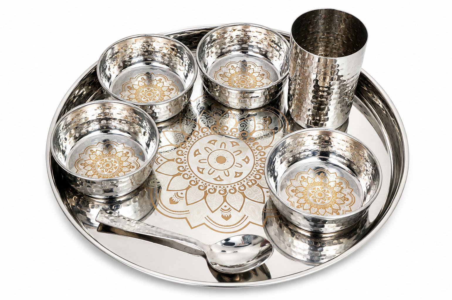 UPCW HAMMERED STAINLESS STEEL DINNER THALI SET – 7 PIECES