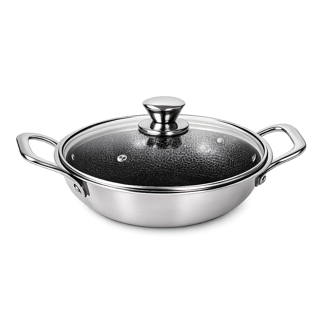 UPCW TRIPLY STAINLESS STEEL HONEYCOMB KADAI WITH GLASS LID